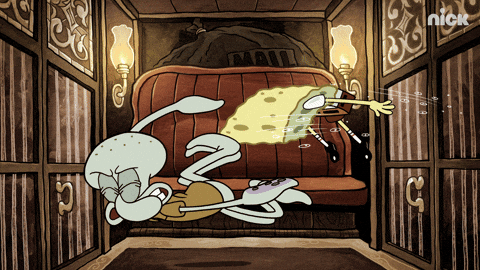 SpongeBob and Squidward being thrown around inside a bouncing carriage.